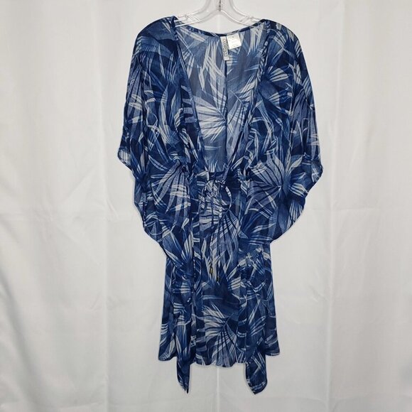 Ellen Tracy Company Swim Suit Cover Up Sz XL Sheer Blue Leaf Pullover V Neck - Picture 4 of 8